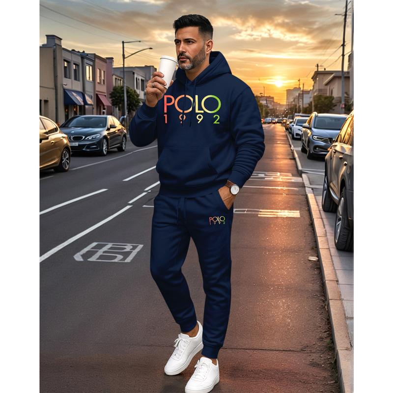 KZZ Men's Polo Pattern Print Hoodie and Drawstring Sweatpants Set