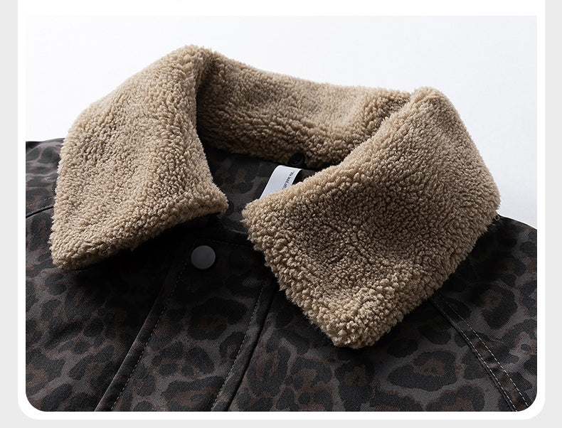 KZZ Vintage Leopard Print Lapel Fleece Lined Warm Jacket