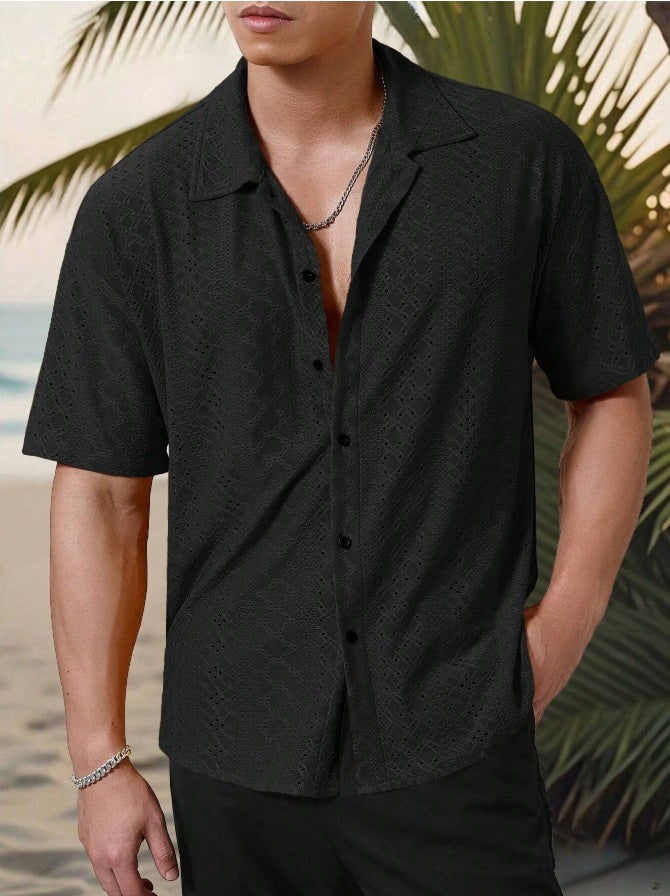 KZZ Men's short-sleeved versatile shirt with openwork jacquard pattern