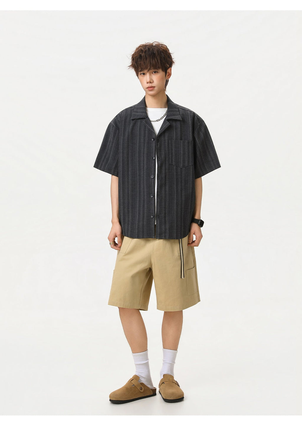 KZZ Men's Loose-Fit Striped Collared Shirt