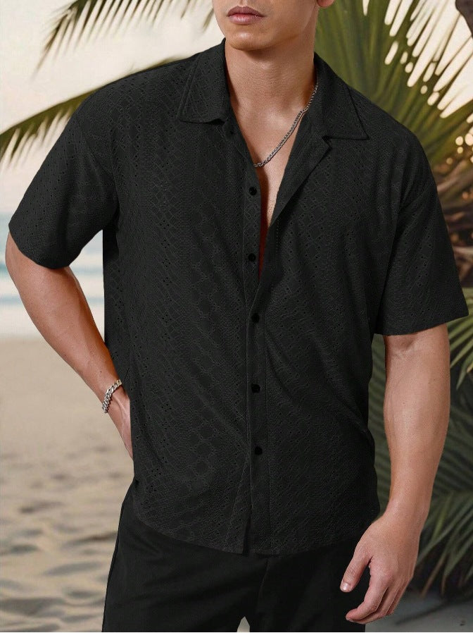 KZZ Men's short-sleeved versatile shirt with openwork jacquard pattern