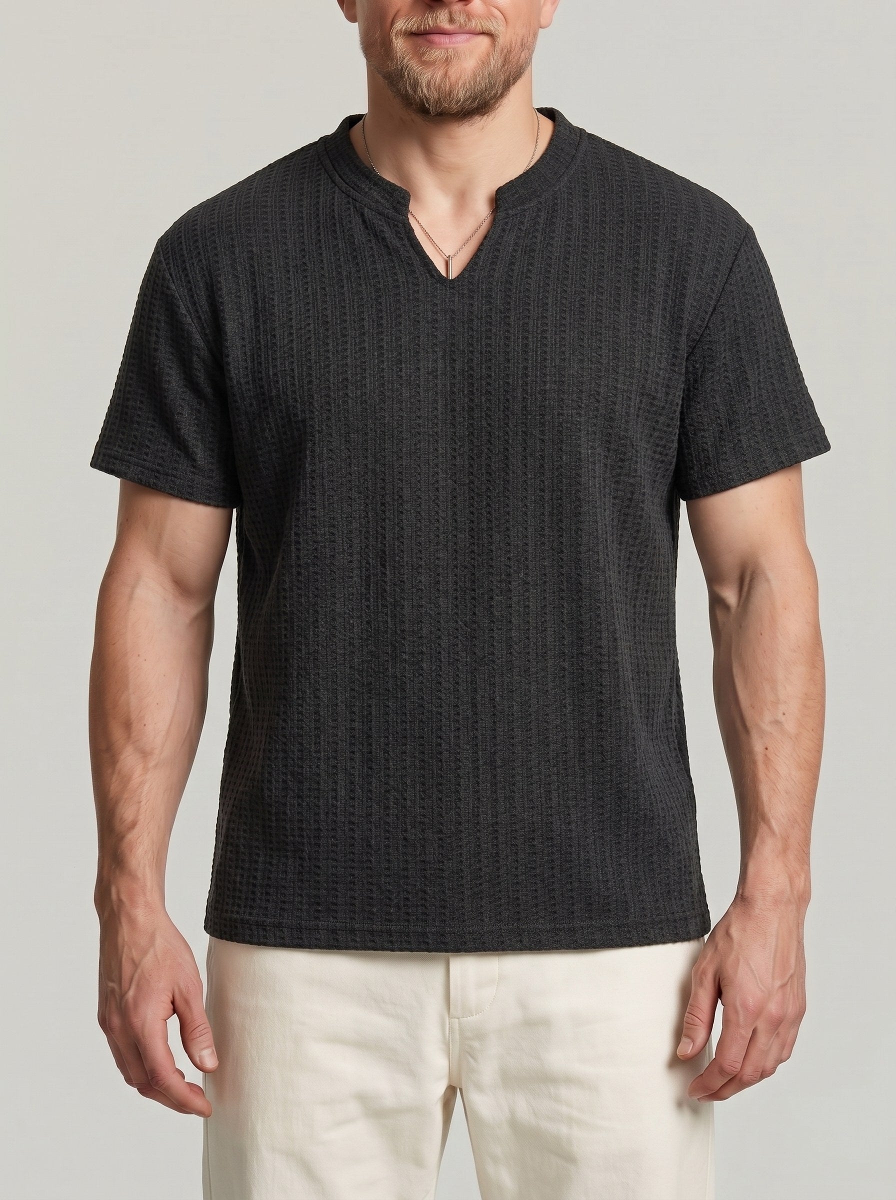 KZZ Men's Minimalist V-Neck Short-Sleeve Shirt