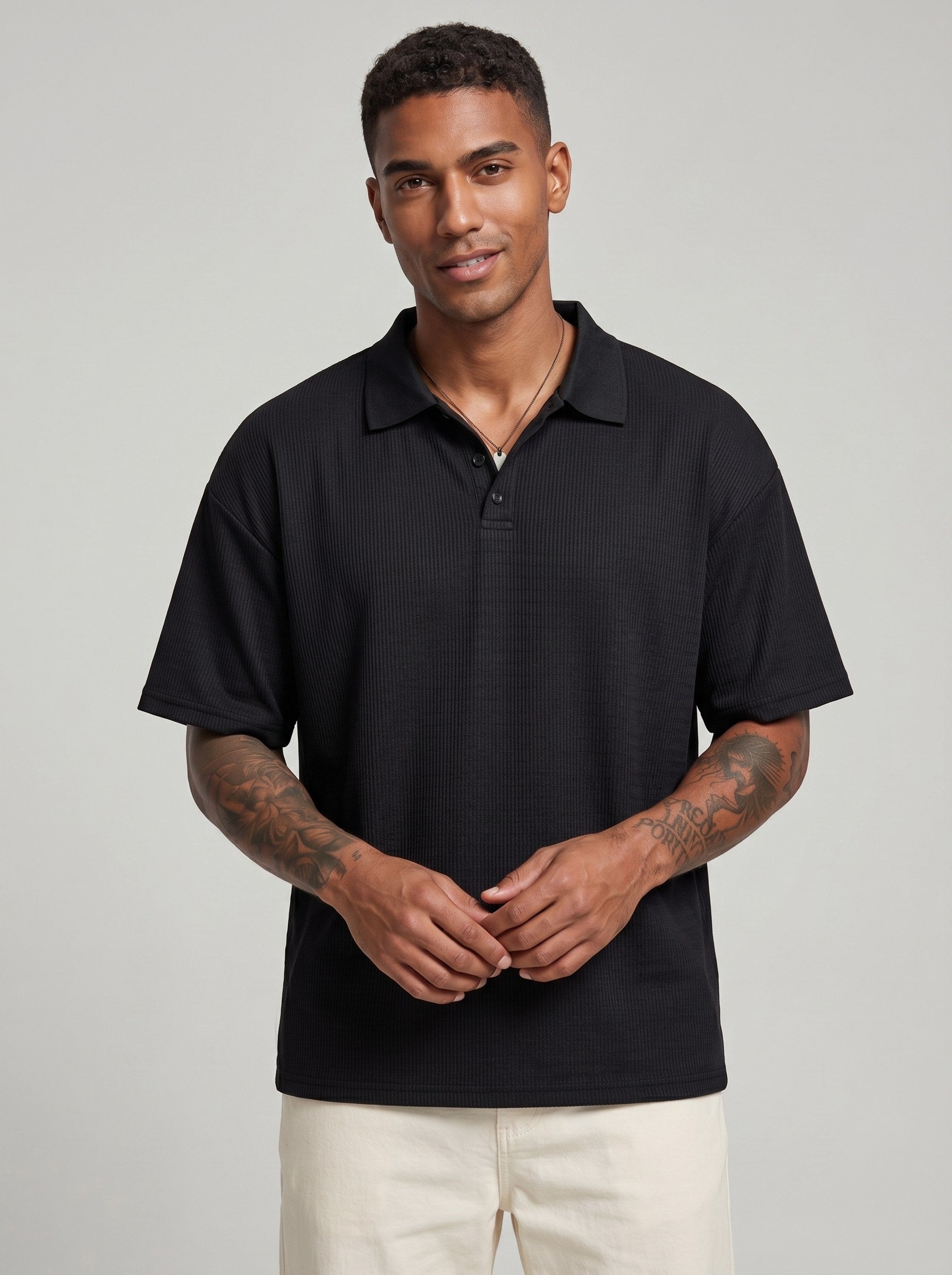 KZZ Men's Waffle-Knit Polo Shirt