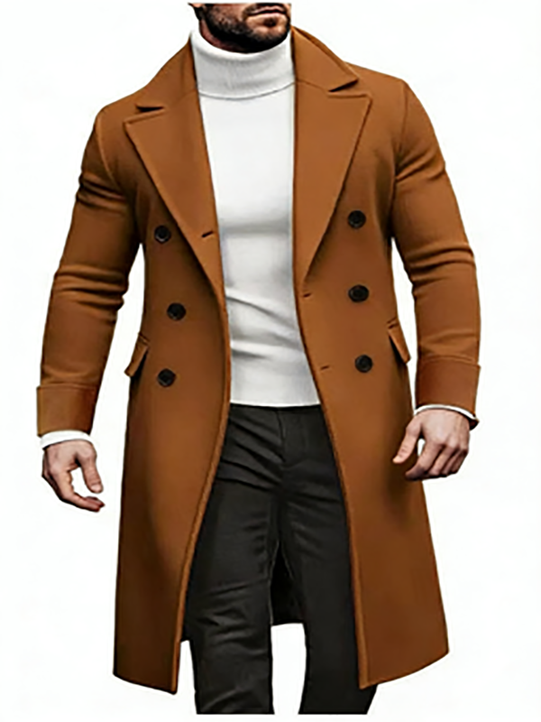 KZZ Men's Notch Lapel Double Breasted Long Trench Coat