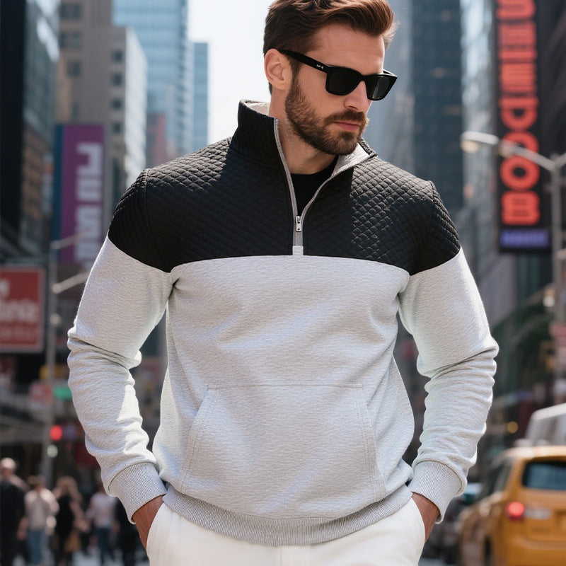 KZZ Men's Fall/Winter Patchwork Design Casual Stand-Up Collar Zipper Hoodie Sweatshirt