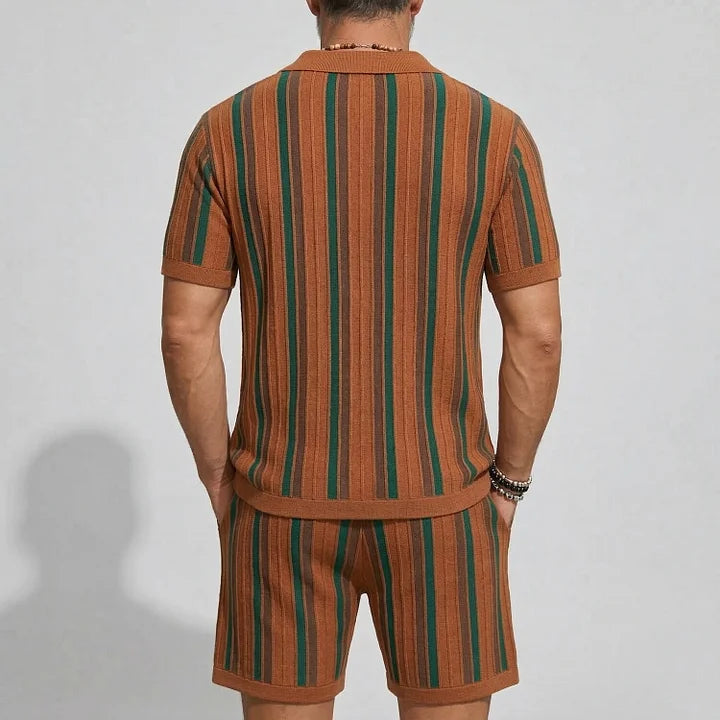 KZZ Men's Contrast Striped Turndown Collar Short Sleeve Shirt & Drawstring Shorts  Set
