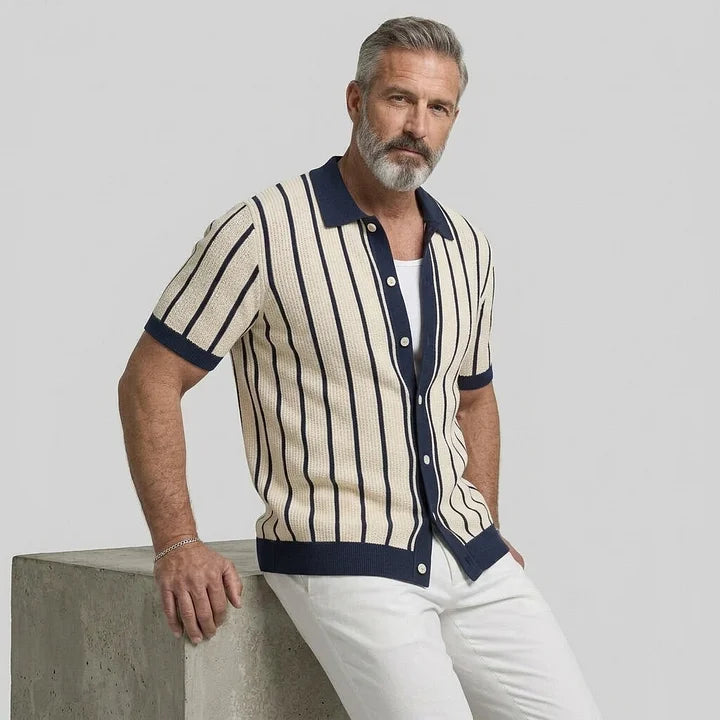 KZZ Men's Contrast Trim Striped Cable Knit Single Breasted Short Sleeve Shirt
