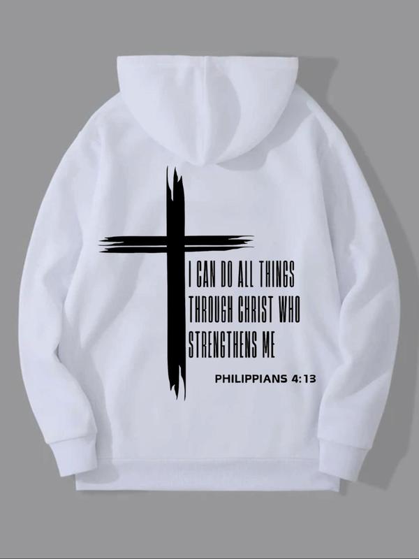 KZZ Men's Cross & Letter Print Drop Shoulder Hoodie,  Casual Regular Fit Hooded Sweatshirt