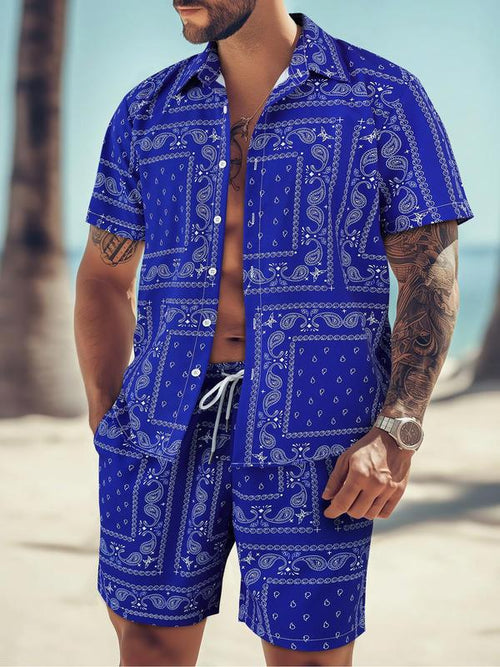 KZZ Men's All Over Print Short Sleeve Shirt & Shorts Two-piece Set
