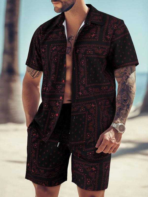 KZZ Men's All Over Print Short Sleeve Shirt & Shorts Two-piece Set