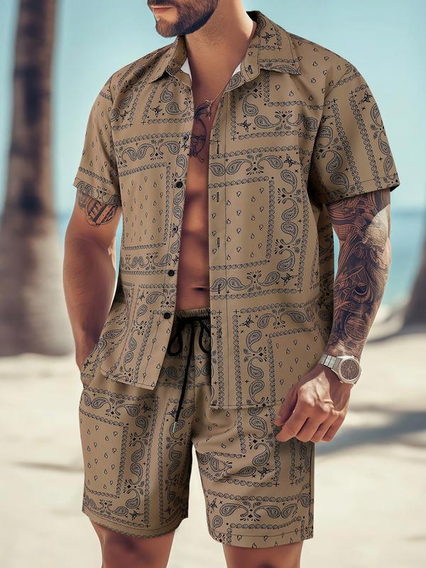 KZZ Men's All Over Print Short Sleeve Shirt & Shorts Two-piece Set