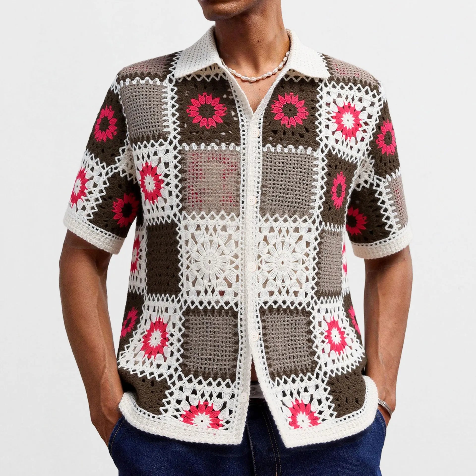 KZZ Men's Retro Ethnic Style Crocheted Lace-up Layered Knit Top