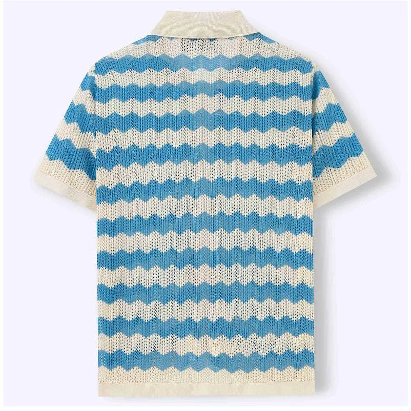 KZZ Men's Retro Hong Kong Style Wavy Open-Knit Polo Shirt