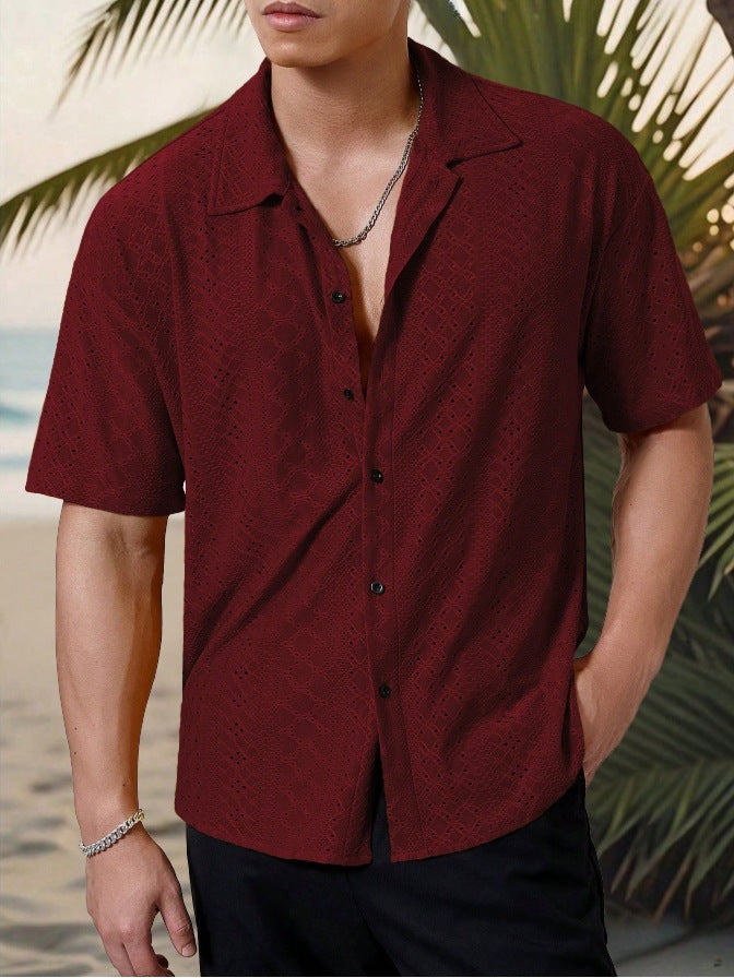 KZZ Men's short-sleeved versatile shirt with openwork jacquard pattern