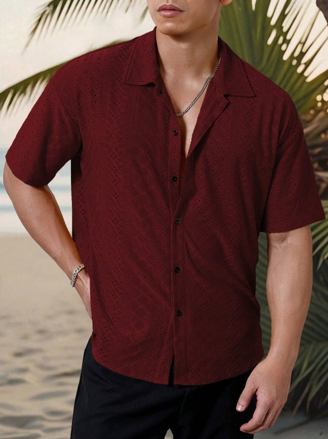 KZZ Men's short-sleeved versatile shirt with openwork jacquard pattern