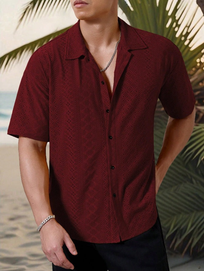 KZZ Men's short-sleeved versatile shirt with openwork jacquard pattern