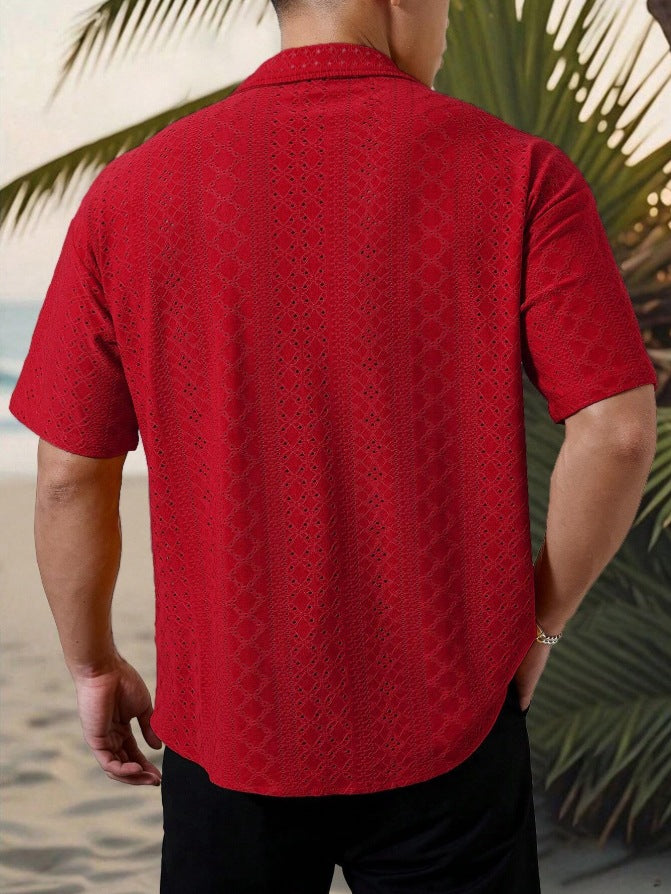 KZZ Men's short-sleeved versatile shirt with openwork jacquard pattern