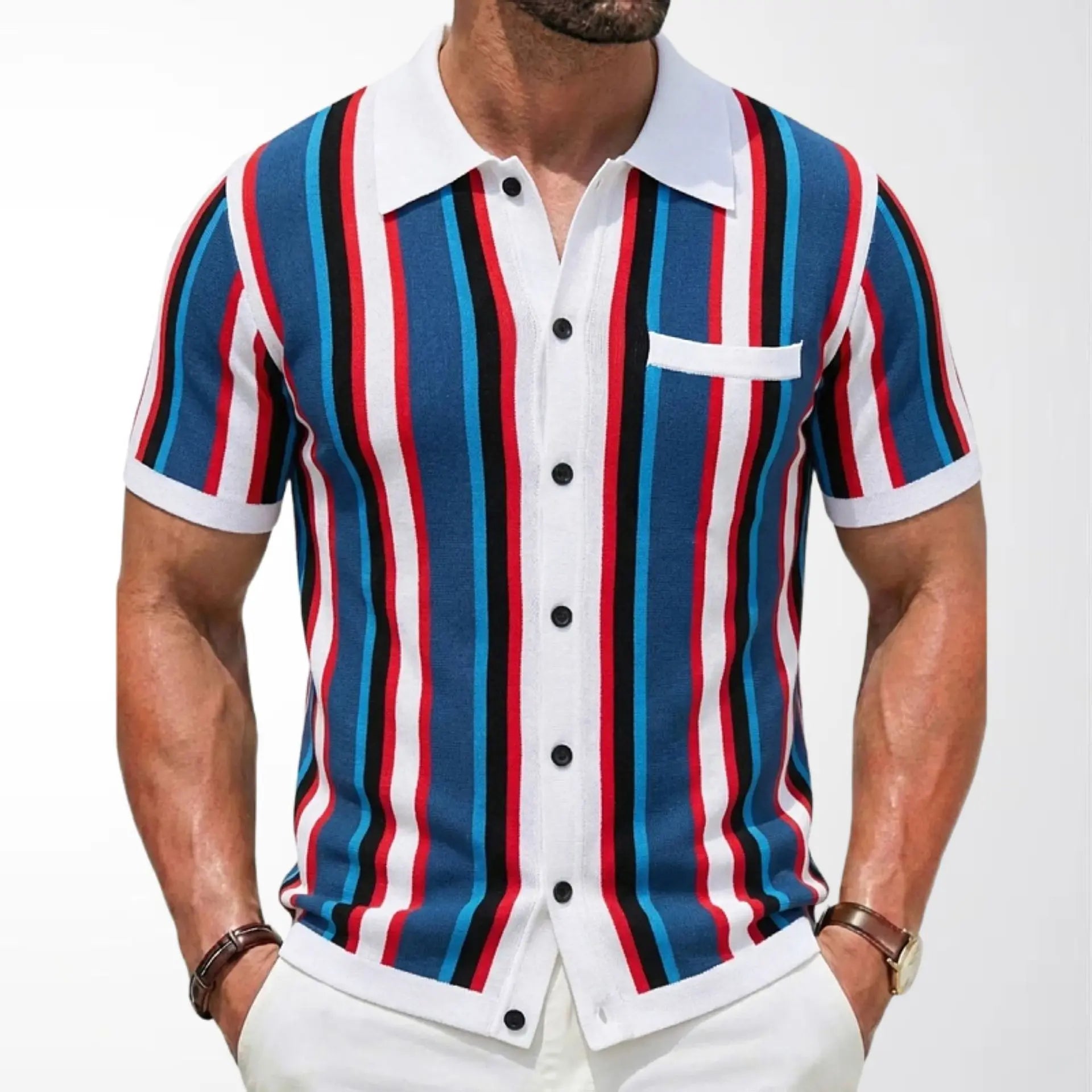 KZZ Men's Summer Casual Knitted Cardigan-Style Polo Shirt — Short Sleeve, Turn-down Collar, Striped