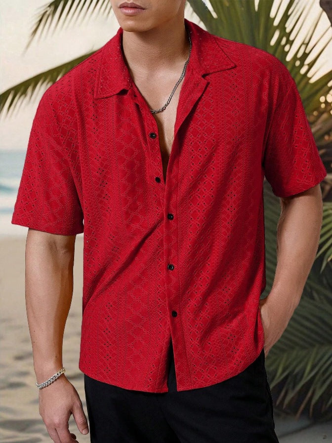 KZZ Men's short-sleeved versatile shirt with openwork jacquard pattern