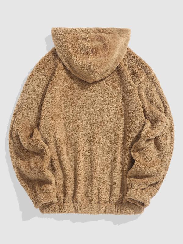 KZZ Men's Cartoon Bear Embroidered Drawstring Plush Hoodie, Casual Pocket Sweatshirt