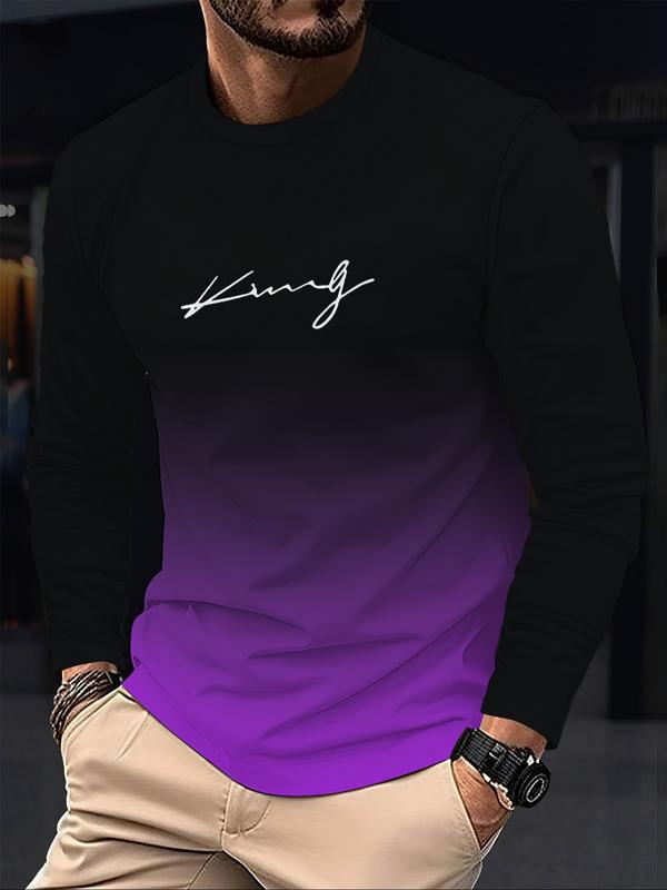 KZZ Men's Casual Long Sleeve T-Shirt, Gradient Color Round Neck, Letter Print Design