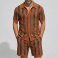 KZZ Men's Contrast Striped Turndown Collar Short Sleeve Shirt & Drawstring Shorts  Set