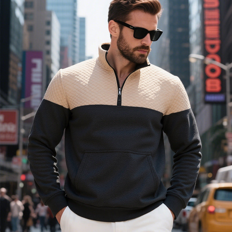 KZZ Men's Fall/Winter Patchwork Design Casual Stand-Up Collar Zipper Hoodie Sweatshirt