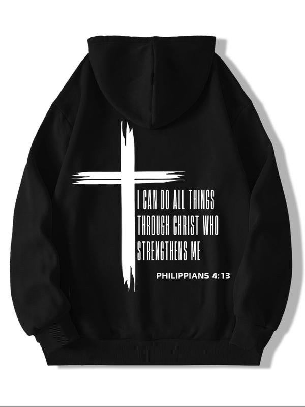 KZZ Men's Cross & Letter Print Drop Shoulder Hoodie,  Casual Regular Fit Hooded Sweatshirt