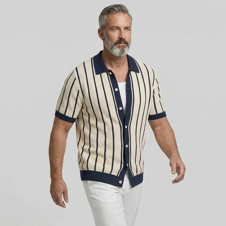 KZZ Men's Contrast Trim Striped Cable Knit Single Breasted Short Sleeve Shirt