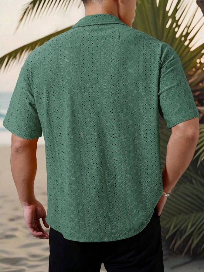 KZZ Men's short-sleeved versatile shirt with openwork jacquard pattern