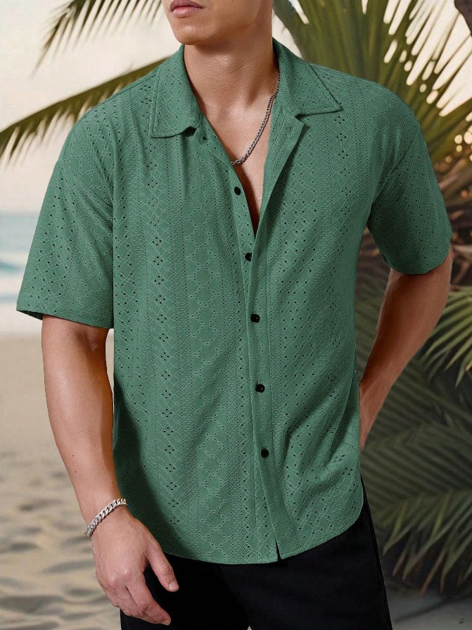 KZZ Men's short-sleeved versatile shirt with openwork jacquard pattern