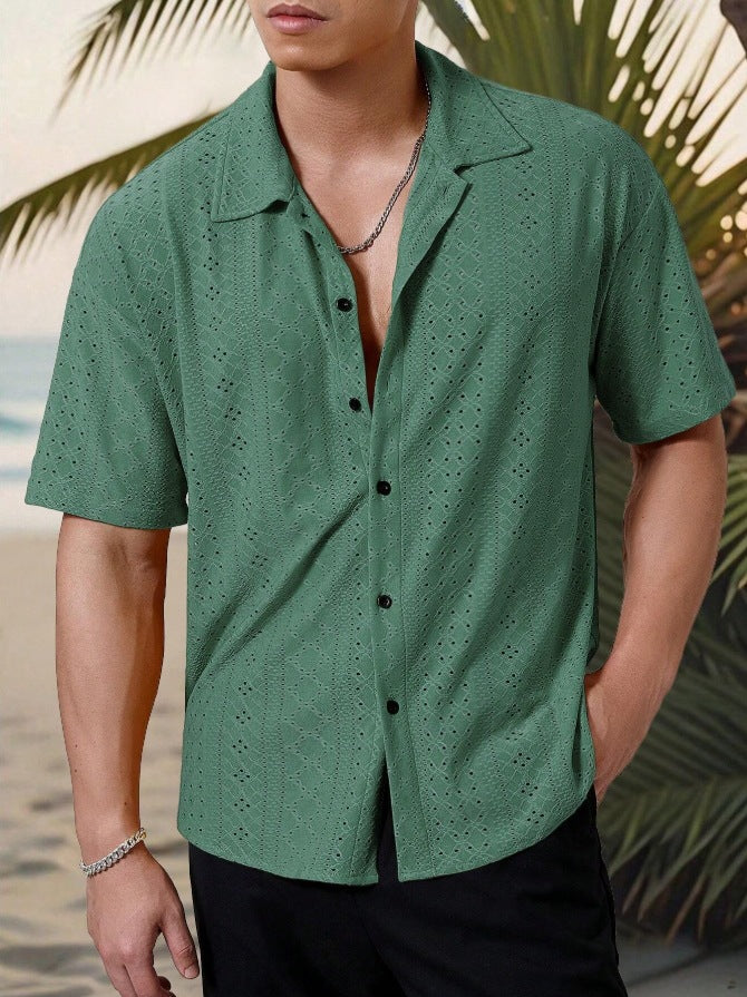 KZZ Men's short-sleeved versatile shirt with openwork jacquard pattern