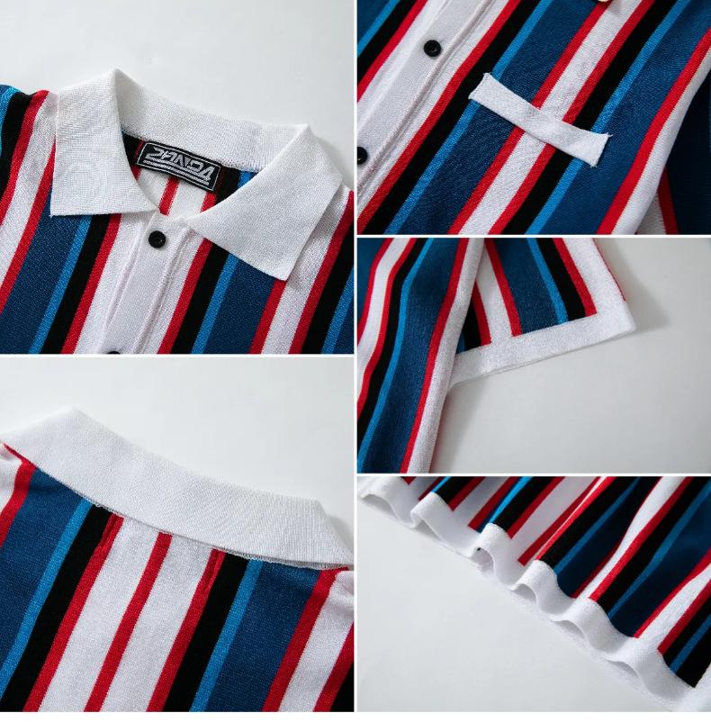 KZZ Men's Summer Casual Knitted Cardigan-Style Polo Shirt — Short Sleeve, Turn-down Collar, Striped