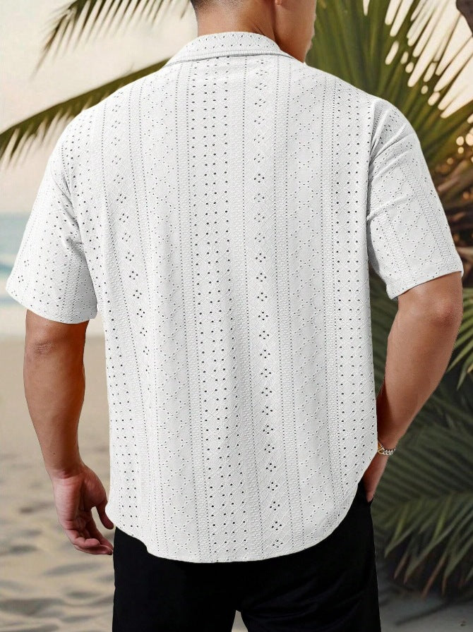 KZZ Men's short-sleeved versatile shirt with openwork jacquard pattern