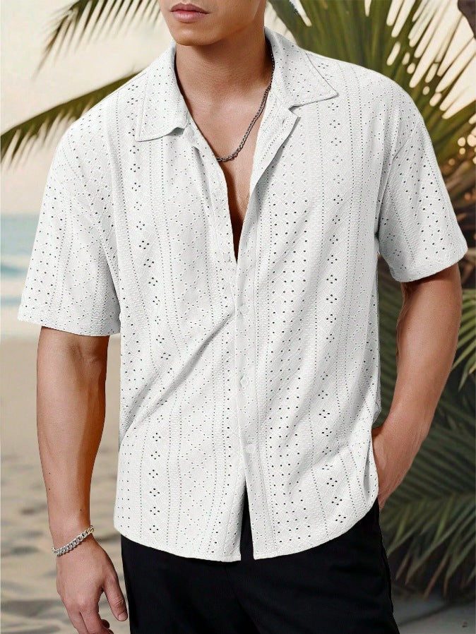KZZ Men's short-sleeved versatile shirt with openwork jacquard pattern