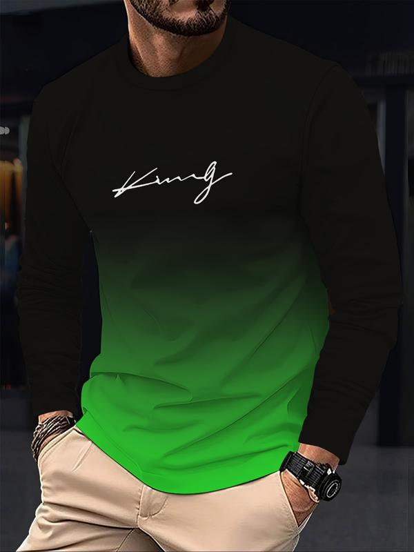 KZZ Men's Casual Long Sleeve T-Shirt, Gradient Color Round Neck, Letter Print Design