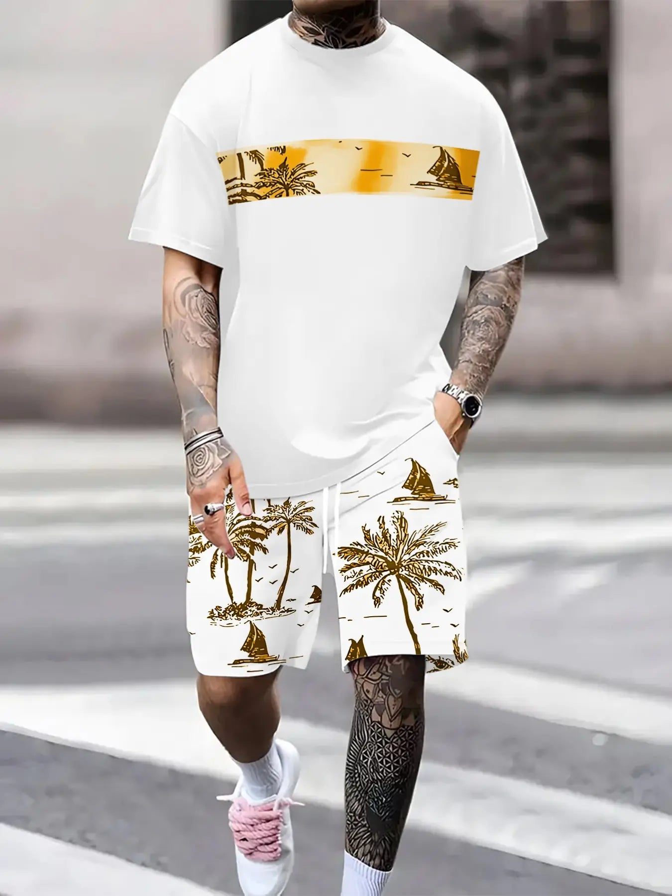 KZZ Men's Tropical Palm Tree Print Short-Sleeve Shirt and Shorts Set