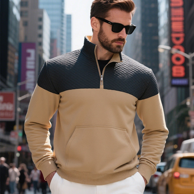 KZZ Men's Fall/Winter Patchwork Design Casual Stand-Up Collar Zipper Hoodie Sweatshirt