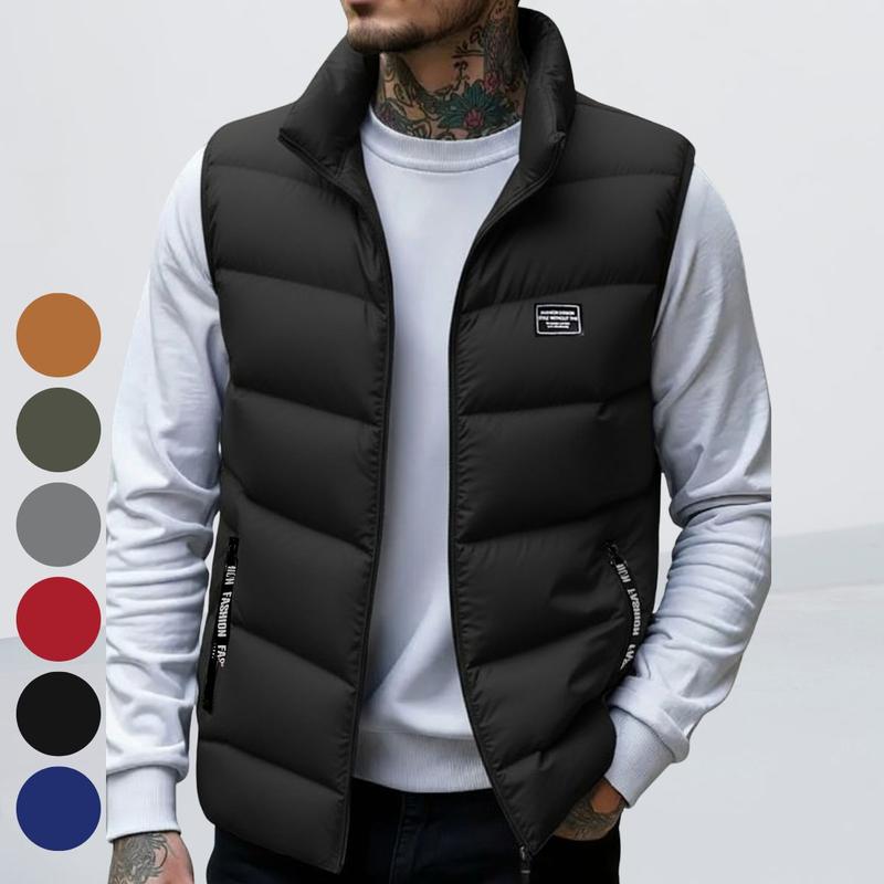 KZZ Men's Thickened Warm Sleeveless Vest - Black Full-Zip Stand Collar Ideal