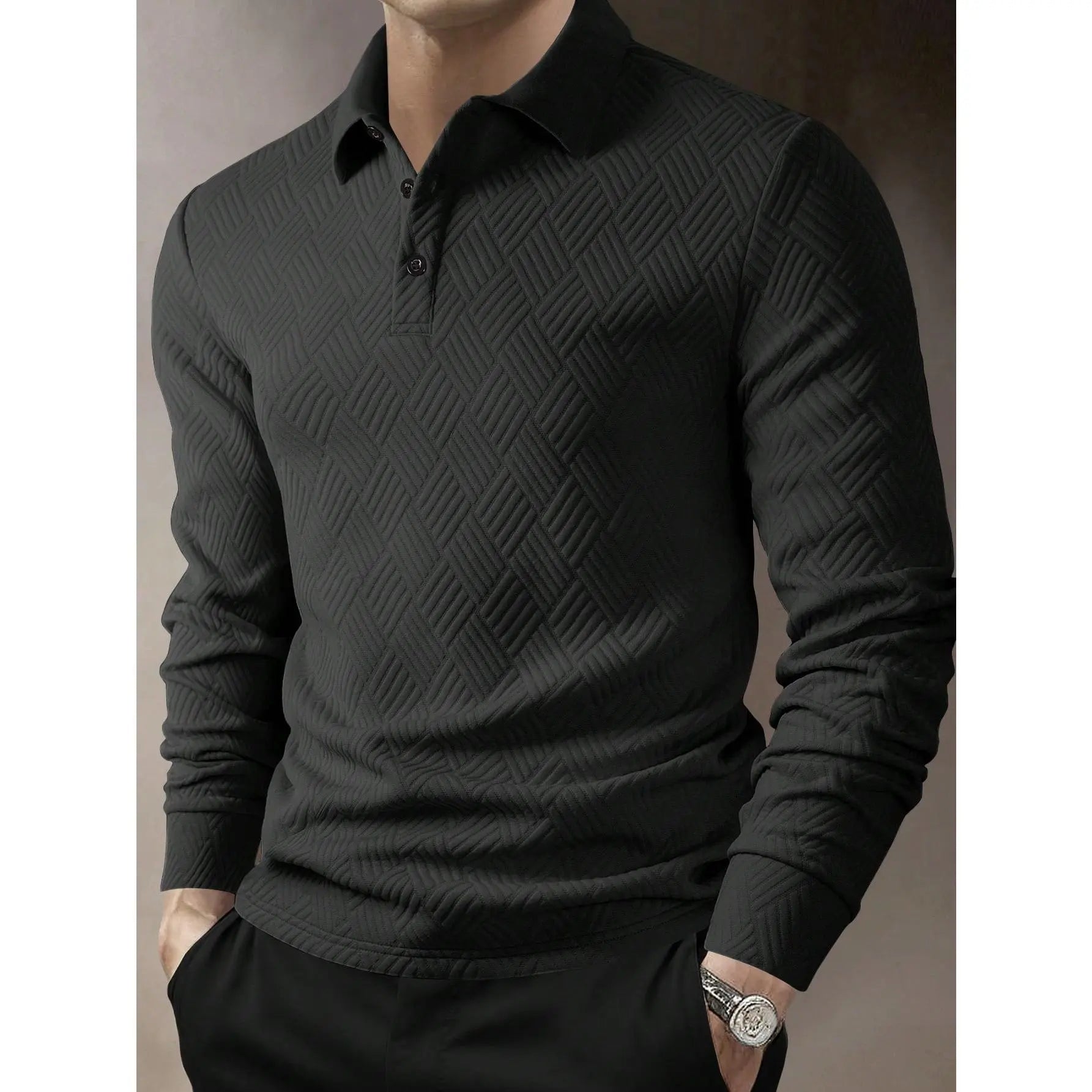 KZZ Men's Casual Plain Knit Long-Sleeve Polo Shirt