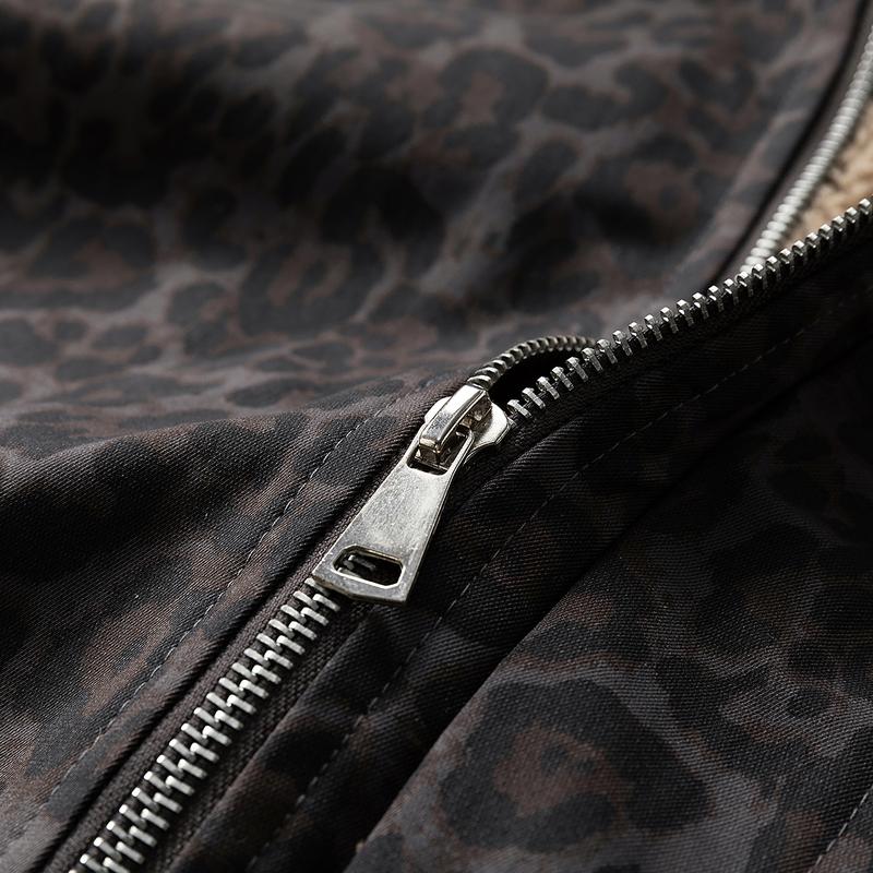 KZZ Vintage Leopard Print Lapel Fleece Lined Warm Jacket