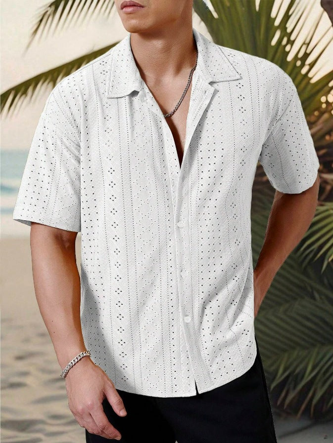 KZZ Men's short-sleeved versatile shirt with openwork jacquard pattern