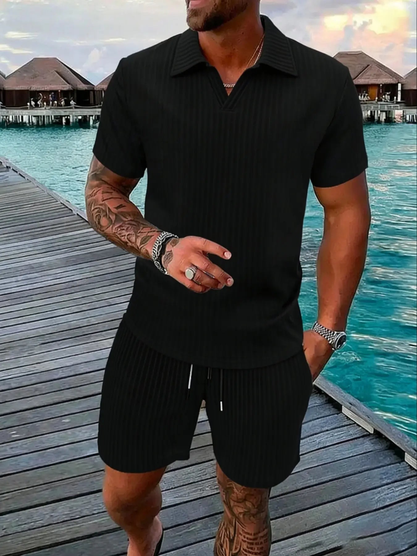 KZZ Short-Sleeve V-Neck Polo Top and Shorts Set