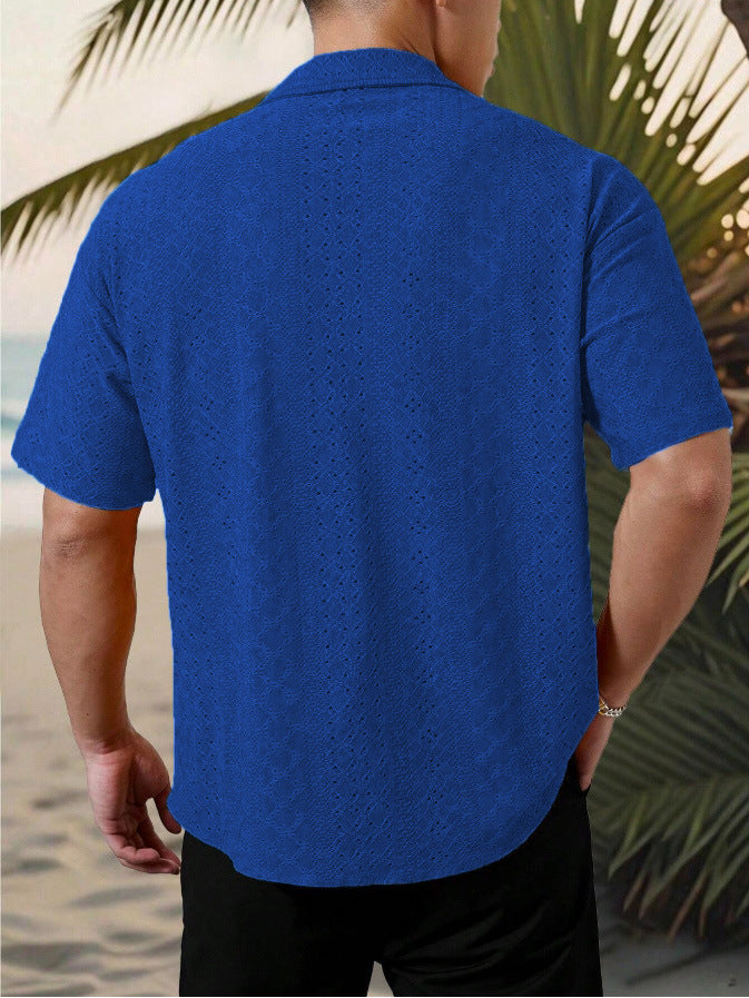 KZZ Men's short-sleeved versatile shirt with openwork jacquard pattern