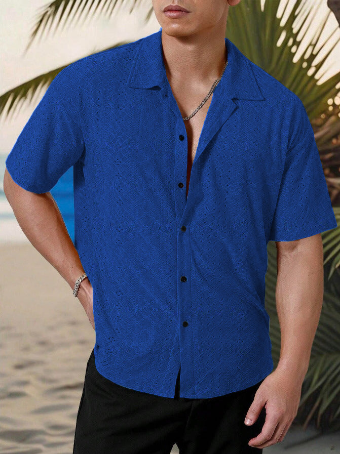 KZZ Men's short-sleeved versatile shirt with openwork jacquard pattern
