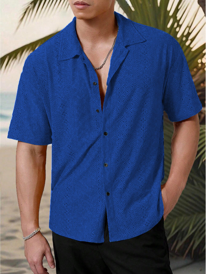 KZZ Men's short-sleeved versatile shirt with openwork jacquard pattern
