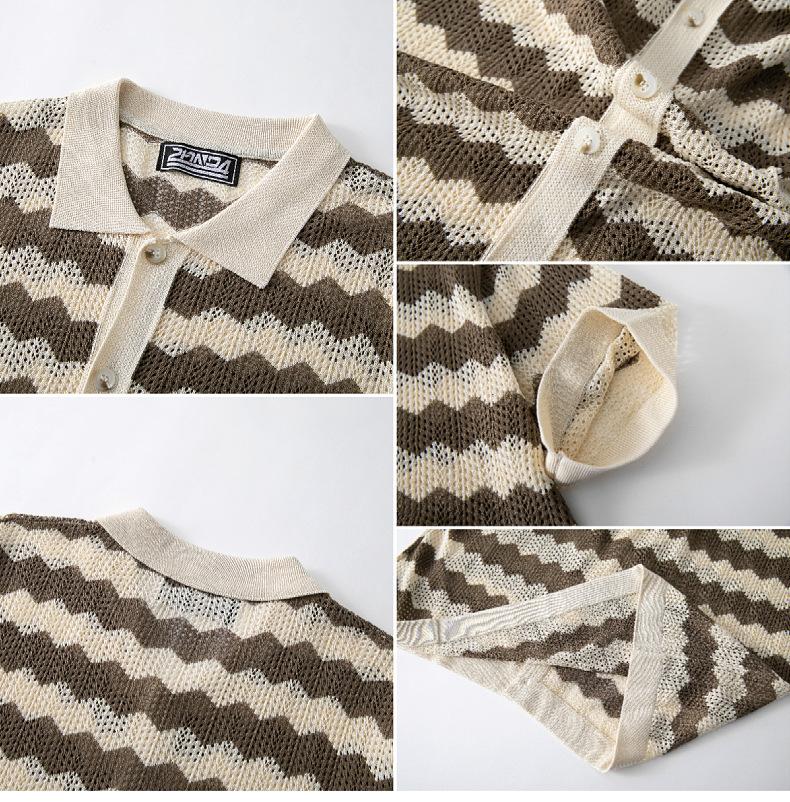 KZZ Men's Retro Hong Kong Style Wavy Open-Knit Polo Shirt