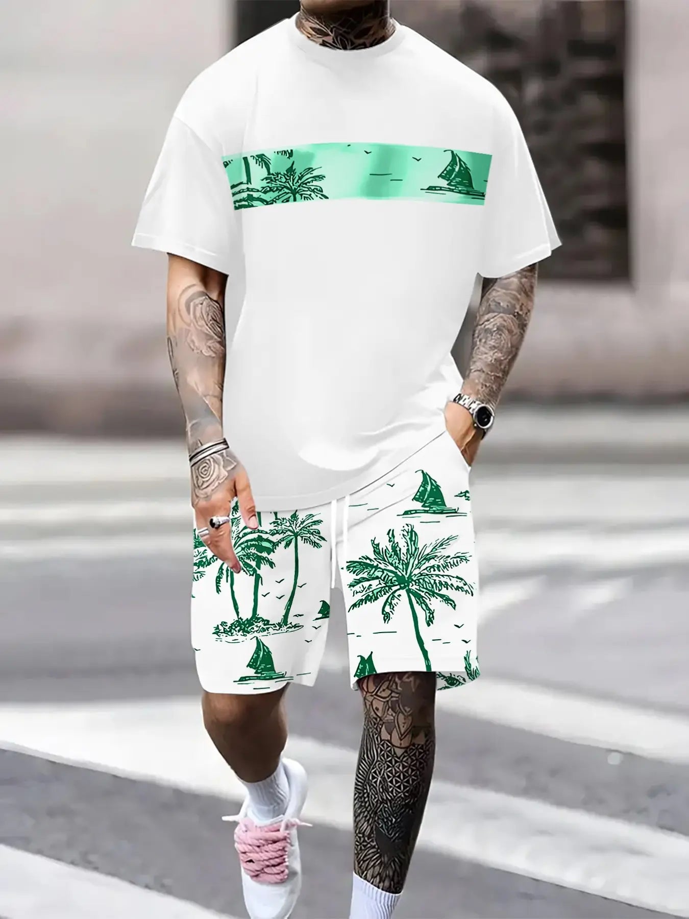 KZZ Men's Tropical Palm Tree Print Short-Sleeve Shirt and Shorts Set