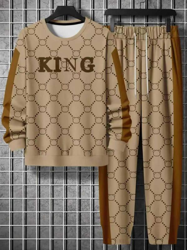 KZZ 3D Printed Drop Shoulder Round Neck Long Pants Two-Piece