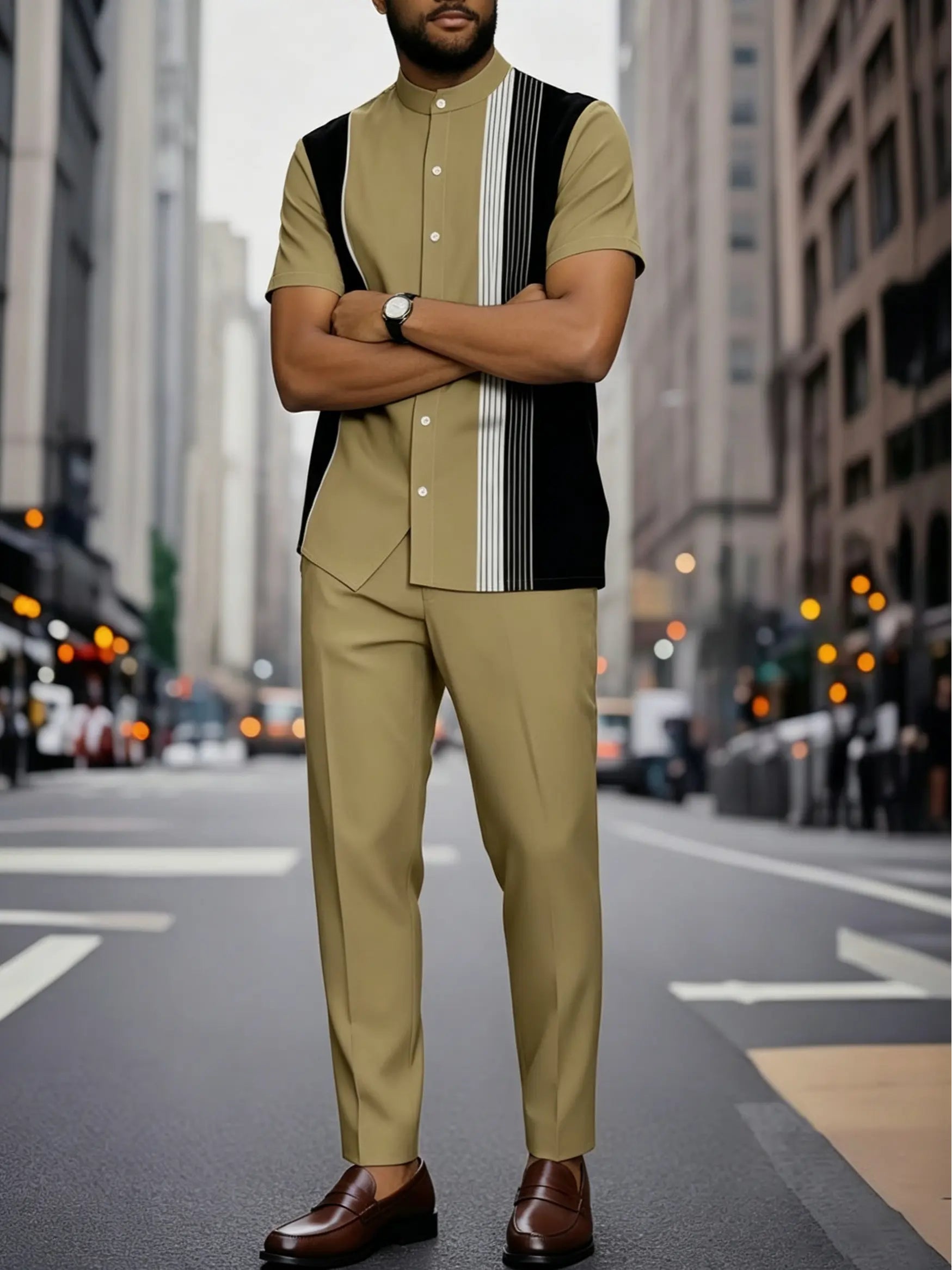 KZZ Men's Classic Striped Artistic Print Suit